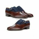 Handmade Men's Leather Monk Strap Buckle Burgundy Blue Two Tone Dress Shoes-143