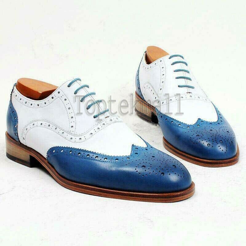 Handmade Men's Leather Oxfords Two Tone Blue White Oxford Brogue Toe shoes-756