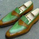 Handmade Men's Leather Two Tone Brown Green Loafers Slip Ons Fashion Shoes-404