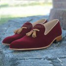 Handmade Men's Leather Maroon Velvet Loafers and slip ons Casual dress shoes-196