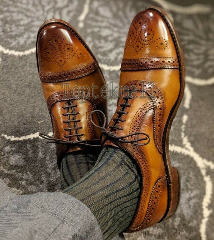 Handmade Men's Leather Oxfords Wingtip Cap Toe Brogue Tan Dress Lace Up Shoes-16