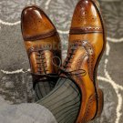 Handmade Men's Leather Oxfords Wingtip Cap Toe Brogue Tan Dress Lace Up Shoes-16