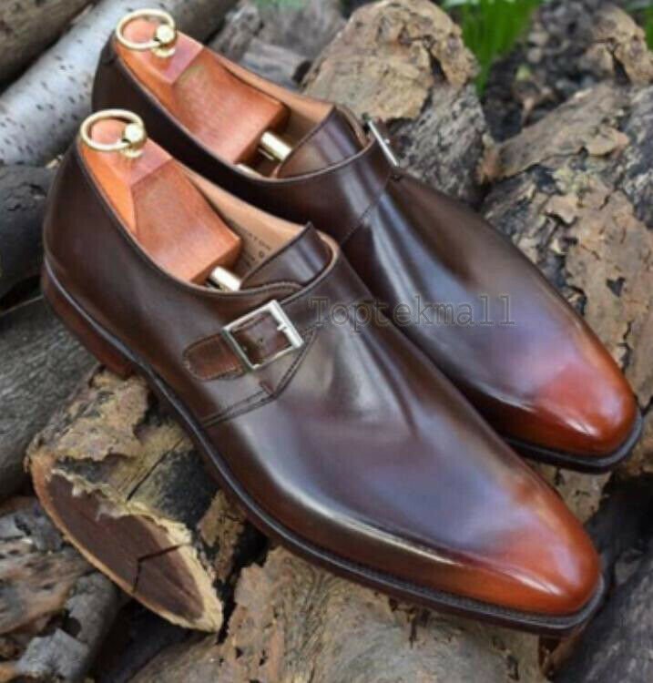 Handmade Men's Leather Brown Two Tone Single Monk Strap Formal Dress Shoes-42