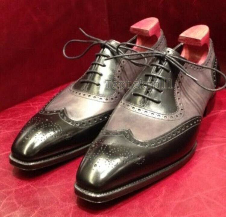Handmade Men's Leather Oxfords Two Tone Black Wingtip Brogues Fashion Shoes-683