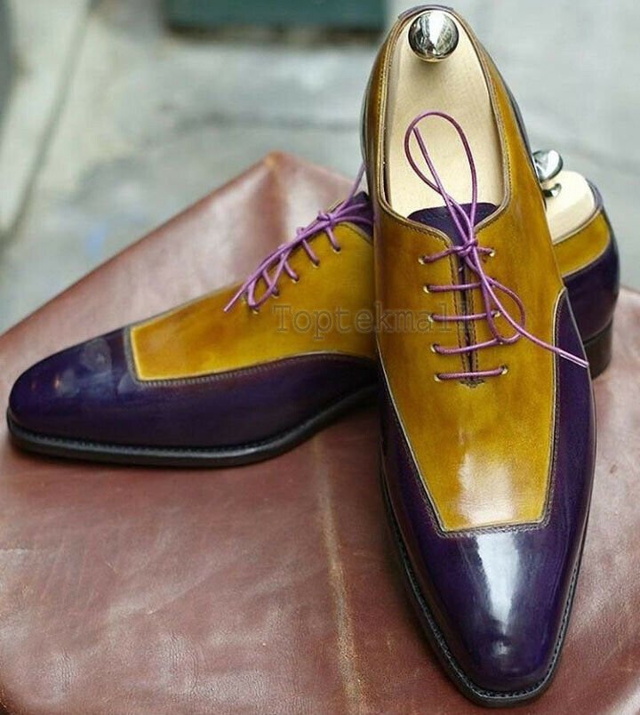 Handmade Men's Leather Oxfords Wingtip Purple Yellow Casual Dress Shoes-379