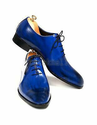 Handmade Men's Leather Oxfords Blue Color Plain Burnished Toe Black Shoes-752