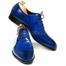 Handmade Men's Leather Oxfords Blue Color Plain Burnished Toe Black Shoes-752