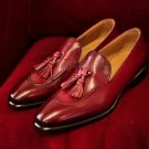 Handmade Men's Leather Stylish Loafer Tassel burgundy Color Dress New Shoes-241