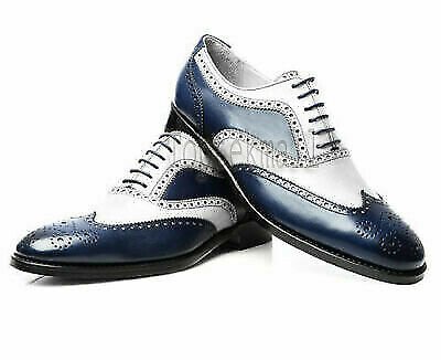 Handmade Men's Leather Oxfords SPECTATOR Blue & White Dress Stylish Shoes-443