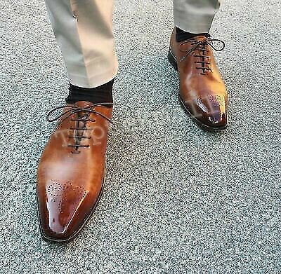 Handmade Men's Leather Oxford NEW Two Tone Tan Brown Burnished Brogue Shoes-227