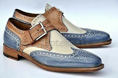 Handmade Men's Leather Monks Classic Unique Color Combination Brogues Shoes-288