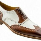 Handmade Men's Leather Oxfords Wing Tip Brogue White Brown Spectator Shoes-248