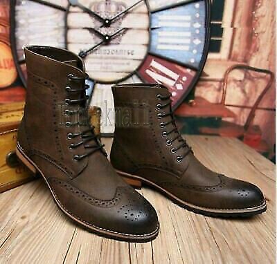 Handmade Men's Leather New Brown COMBAT MILITARY ANKLE HIGH BROWN BOOTS-717
