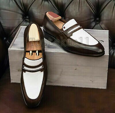 Handmade Men's Leather Two Tone Chocolate Brown White Loafers Stylish Shoes-431