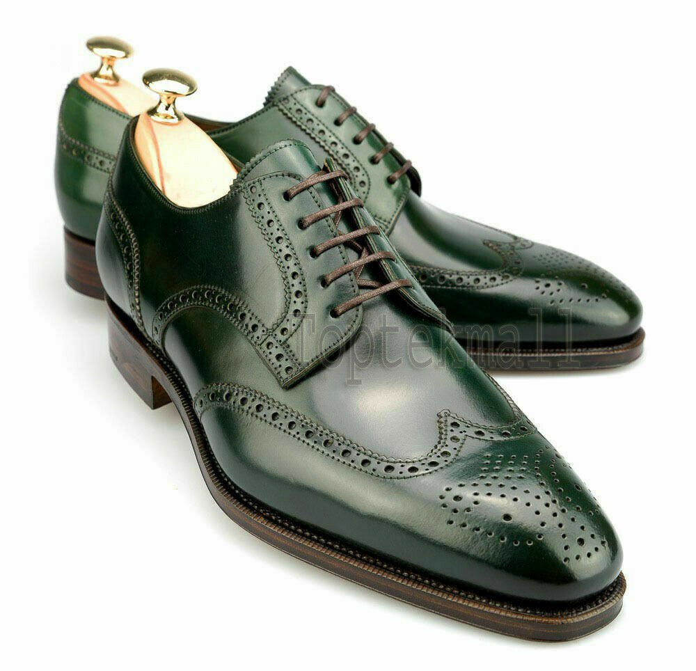 Handmade Men's Leather Dark Green Formal Oxford Brogue Dress Wingtip Shoes-93