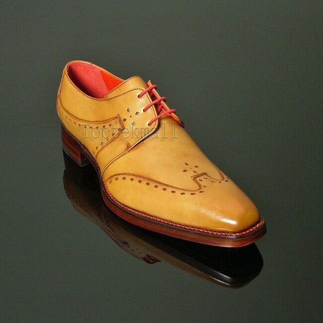 Handmade Men's Leather Oxfords Wingtip Tan Color Stylish Fashion Party Shoes-169