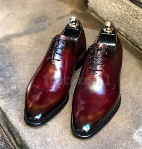 Handmade Men's Leather Oxfords Wingtip Burgundy Lace Up Dress Formal Shoes-363