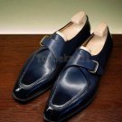 Handmade Men's Leather Navy Blue Formal Single Monk Straps Stylish Shoes-352