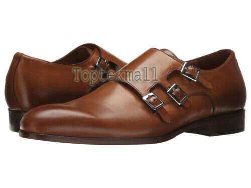 Handmade Men's Leather Formal Three Monk Straps Brown Dress Fashion Shoes-453