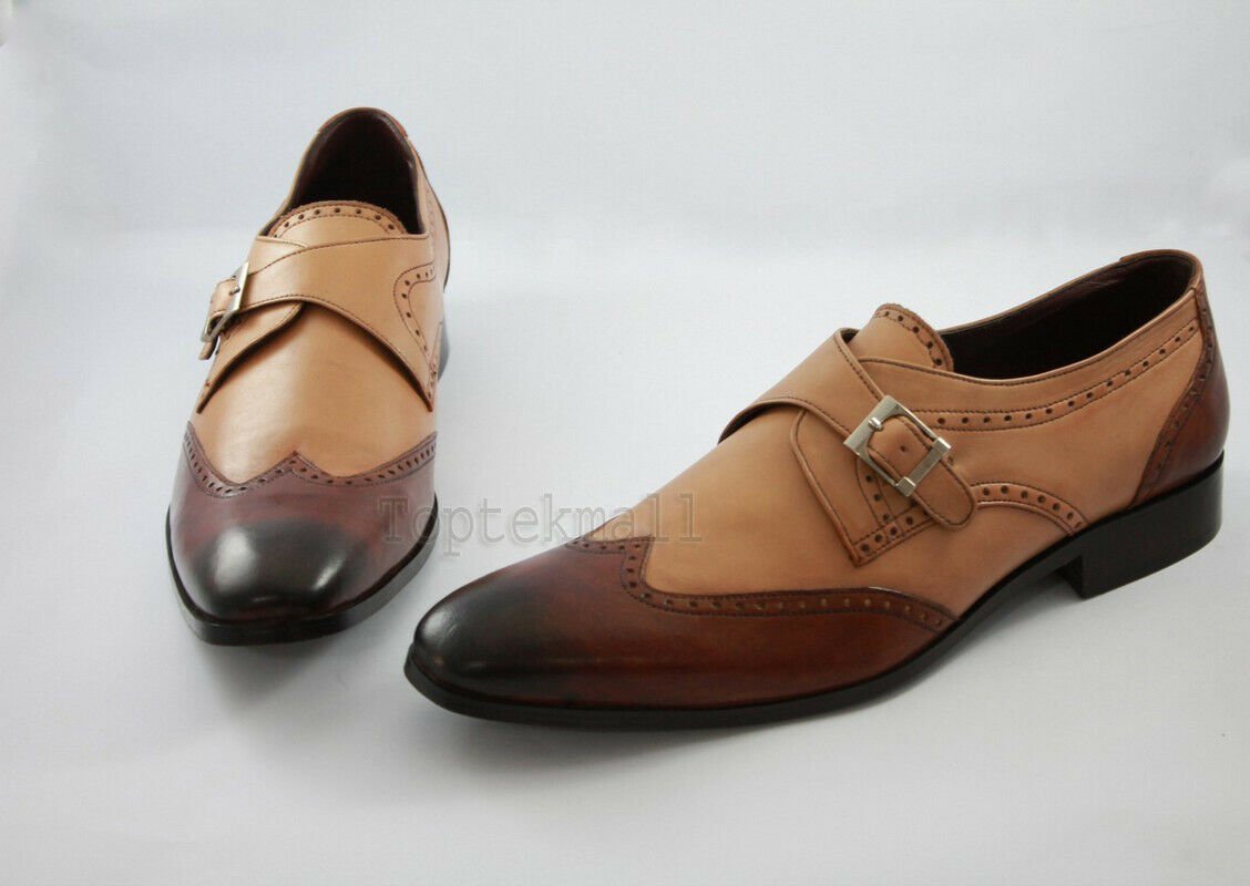 Handmade Men's Leather Formal Luxury Dress Brown Shaded Monk straps Shoes-486
