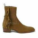 Handmade Men's Leather Tan Fringed Ankle High Suede Formal Casual Boots-618