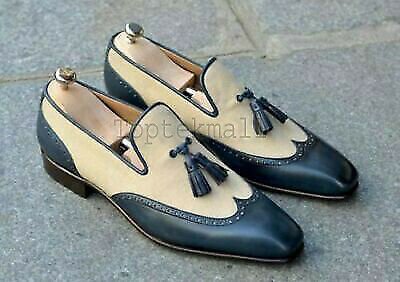 Handmade Men's Leather Two Tone Blue & White Loafers Tassel Moccasins Shoes-55