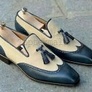 Handmade Men's Leather Two Tone Blue & White Loafers Tassel Moccasins Shoes-55