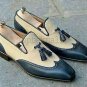 Handmade Men's Leather Two Tone Blue & White Loafers Tassel Moccasins Shoes-55