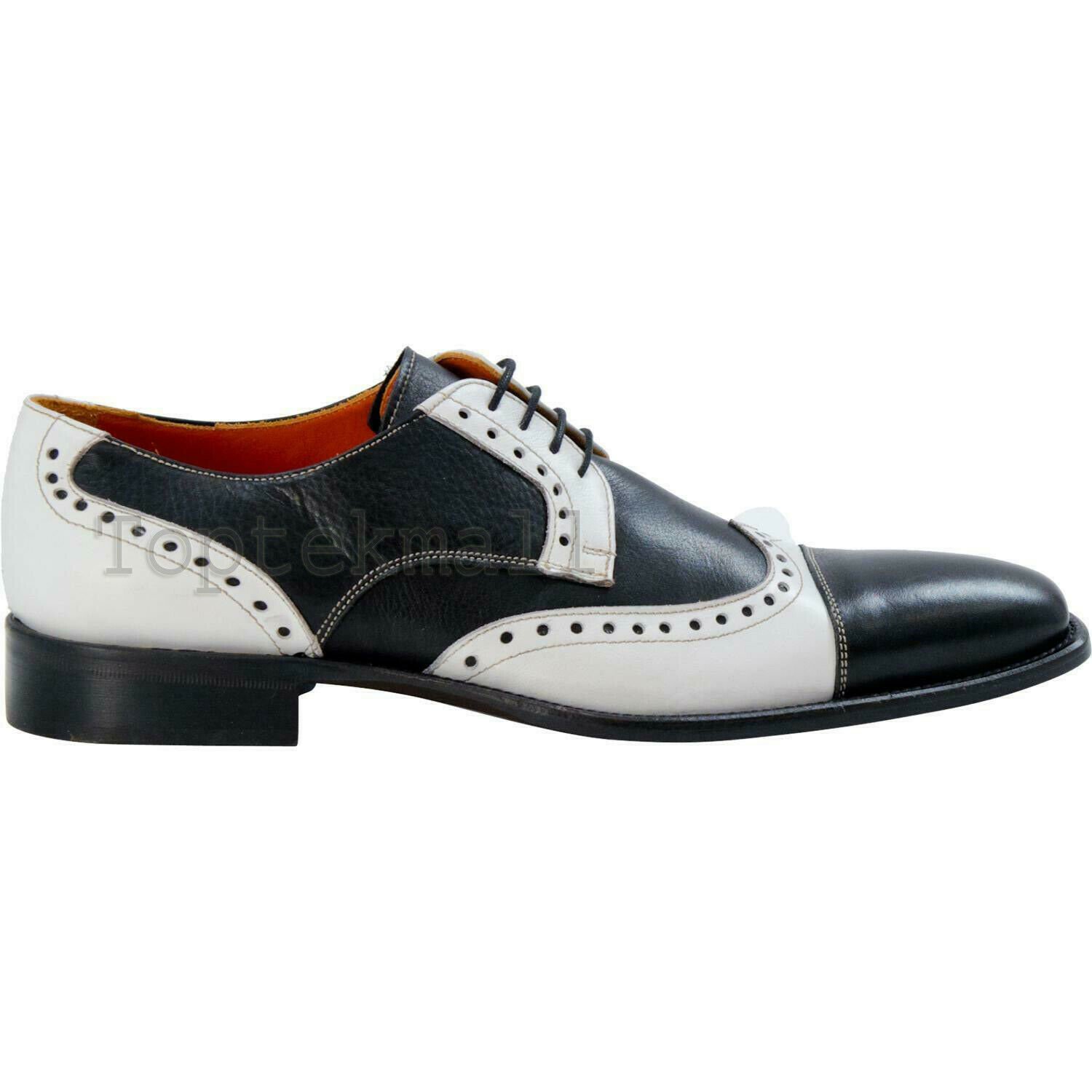Handmade Men's Leather Oxfords  Rounded Cap Toe Black White Spectator Shoes-260