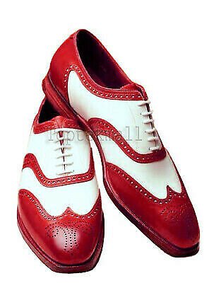 Handmade Men's Leather Oxfords Wingtip Super Style Two Tone Red White Shoes-758