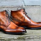 Handmade Men's Leather Lace Up Classic Brogues  Ankle High Shoes New Boots-536