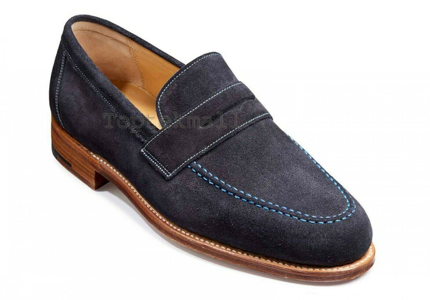 Handmade Men's Leather Navy Blue Color Penny Loafer Slip On Suede Dress Shoes-19