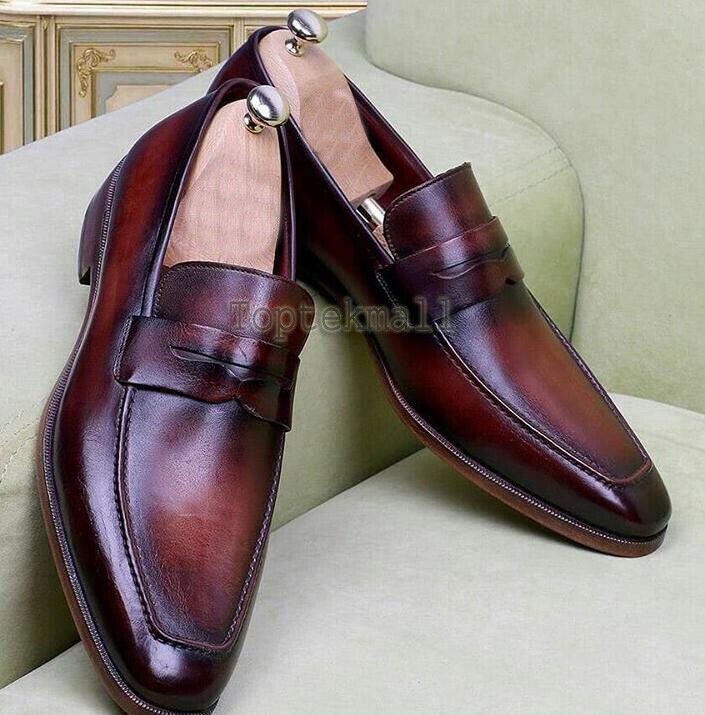 Handmade Men's Leather Patina Two Tone Loafers Slip Ons Custom Dress Shoes-551