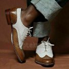 Handmade Men's Leather Oxfords BROWN & WHITE Top Spectators Wingtip Shoes-401