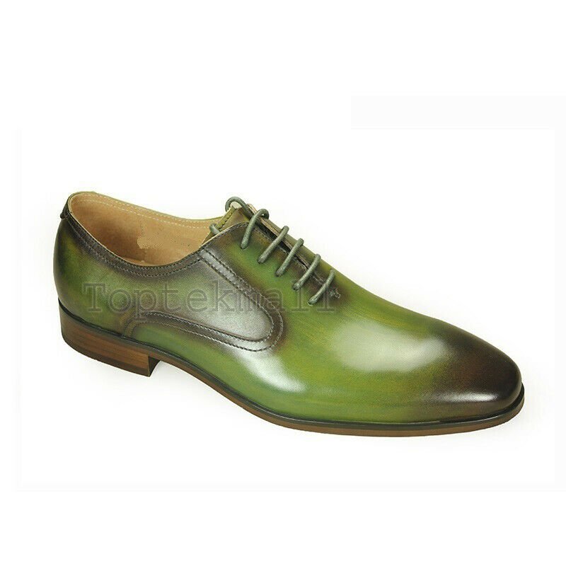 Handmade Men's Leather Oxfords Wingtip Olive Green Burnished Toe Dress Shoes-942