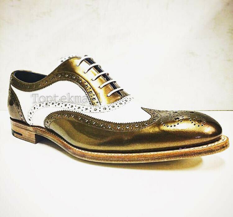 Handmade Men's Leather Oxfords White Golden Wedding Party Wingtip Shoes-155