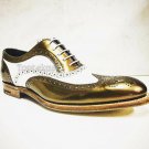 Handmade Men's Leather Oxfords White Golden Wedding Party Wingtip Shoes-155