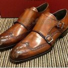 Handmade Men's Leather Dress Tan color double monk formal Monk straps Shoes-485