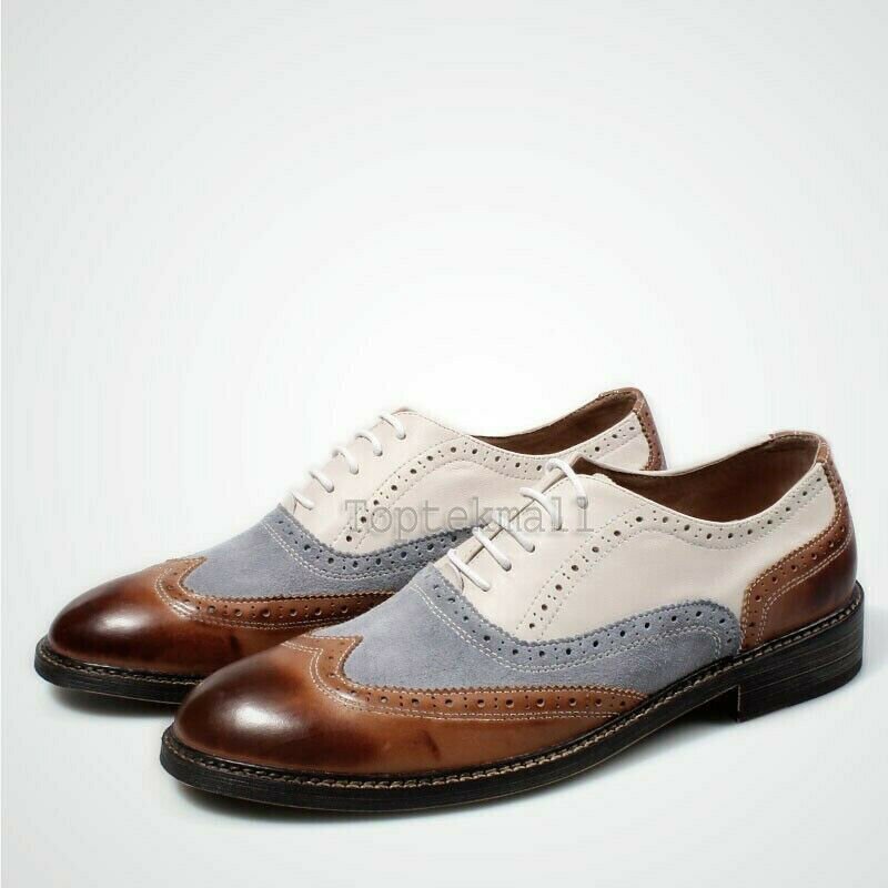 Handmade Men's Leather Oxfords Wingtip Brogue Multicolor Shaded Luxury Shoes-319