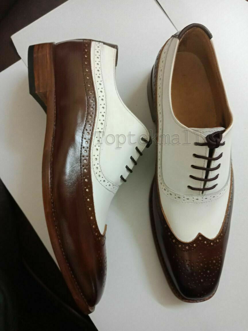 Handmade Men's Leather New Oxfords brown and white Spectators Wingtip Shoes-359