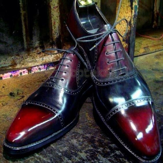 Handmade Men's Leather Two Tone Maroon Black Plain Rounded Cap Toe Shoes-915