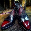 Handmade Men's Leather Two Tone Maroon Black Plain Rounded Cap Toe Shoes-915
