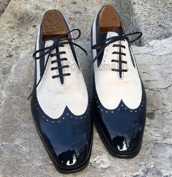 Handmade Men's Leather Black White Cont Wing Tip Rounded Plain Derby Shoes-104