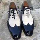 Handmade Men's Leather Black White Cont Wing Tip Rounded Plain Derby Shoes-104