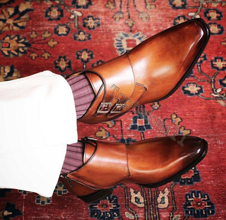 Handmade Men's Leather Two Tone Double Monk Straps Fashion Ankle High Boots-552