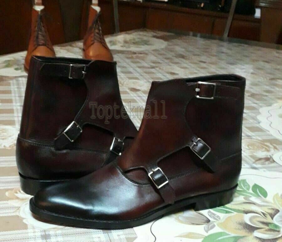 Handmade Men's Leather BROWN TRIPLE MONK Straps Fashion Ankle High Boots-553