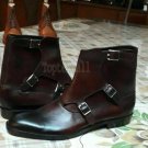Handmade Men's Leather BROWN TRIPLE MONK Straps Fashion Ankle High Boots-553