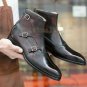 Handmade Men's Leather BROWN TRIPLE MONK Straps Fashion Ankle High Boots-553