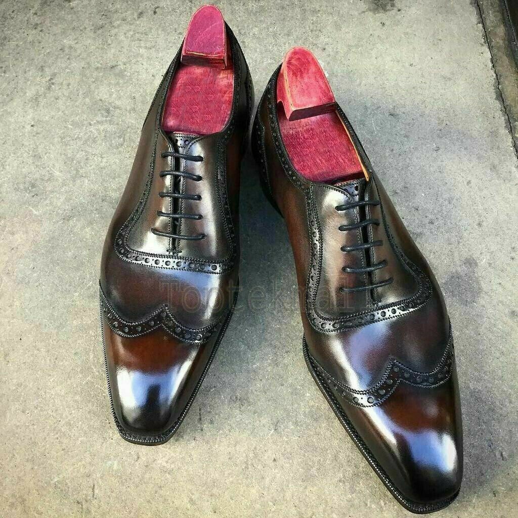 Handmade Men's Leather Two Tone Oxfords Dress Custom Made Wingtip Shoes -172