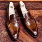 Handmade Men's Leather Loafer slip ons Dress Burnished Patina Brown Shoes-730